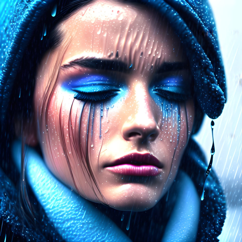 Close-up: Woman with Striking Blue Makeup and Rain Droplets
