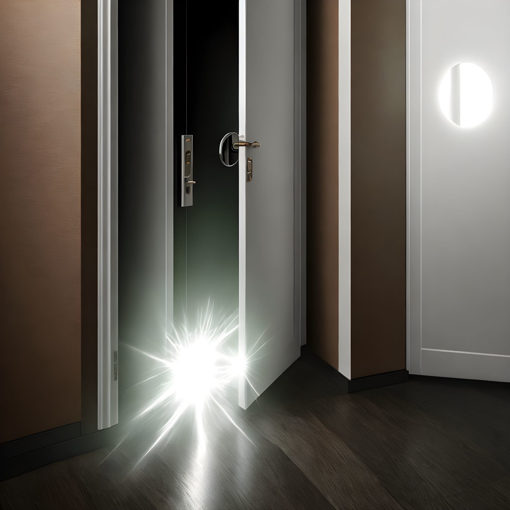 Partially Opened Dark Door with Bright Light on Wooden Floor
