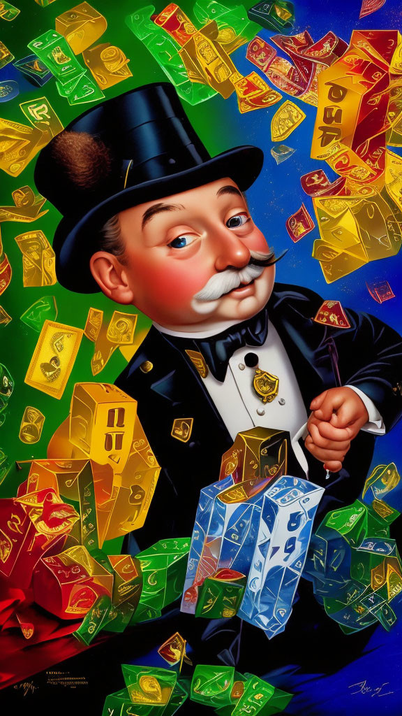 Colorful Monopoly Man with Top Hat Surrounded by Flying Property Cards and Money