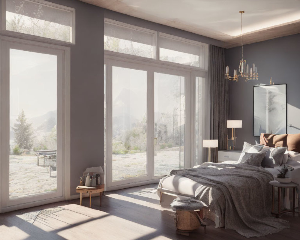 Contemporary Bedroom with Mountain View and Grey Bedding