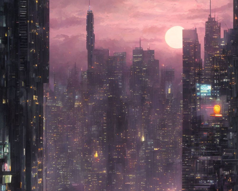 Futuristic cityscape with towering skyscrapers and glowing lights at dusk
