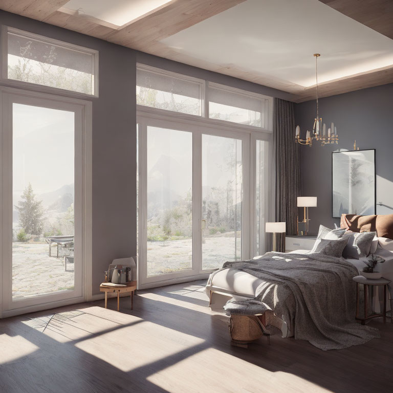 Contemporary Bedroom with Mountain View and Grey Bedding
