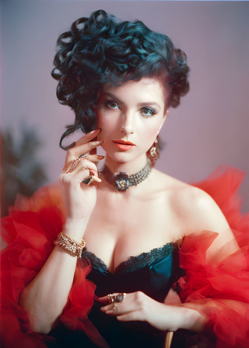 Curly teal hair woman in vintage makeup and elegant jewelry