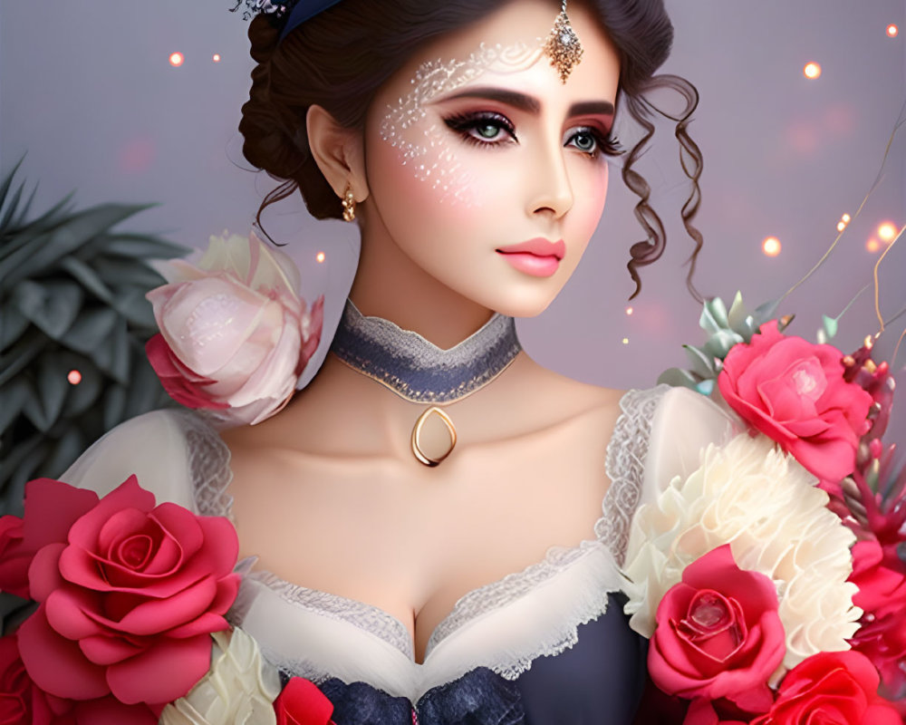 Victorian-style woman in blue and red rose attire on floral backdrop