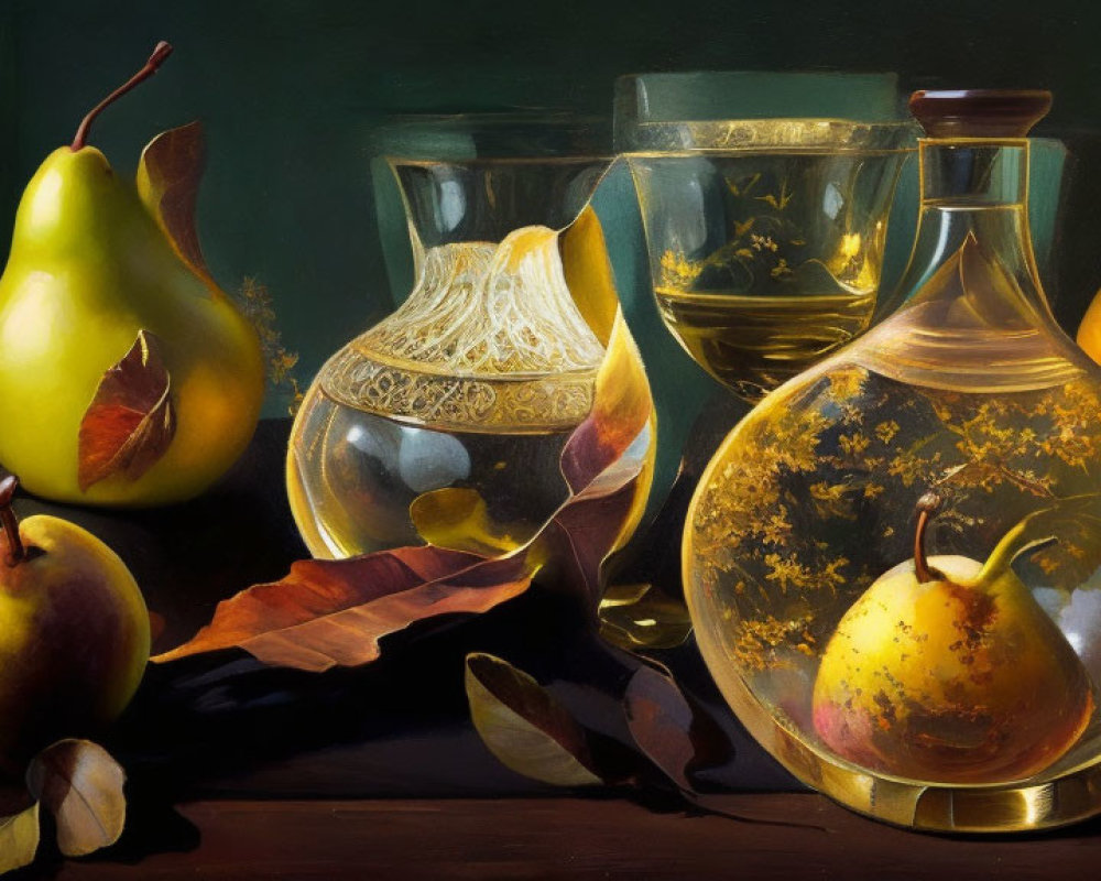 Autumn-themed still life painting with pear, wine glass, bottles, apple, and leaves.