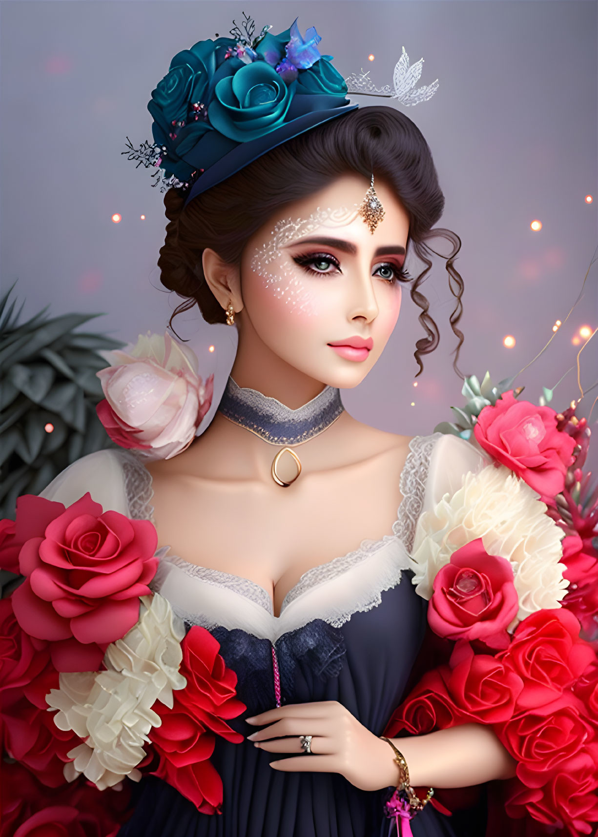 Victorian-style woman in blue and red rose attire on floral backdrop