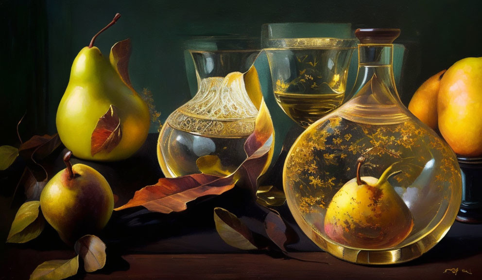 Autumn-themed still life painting with pear, wine glass, bottles, apple, and leaves.