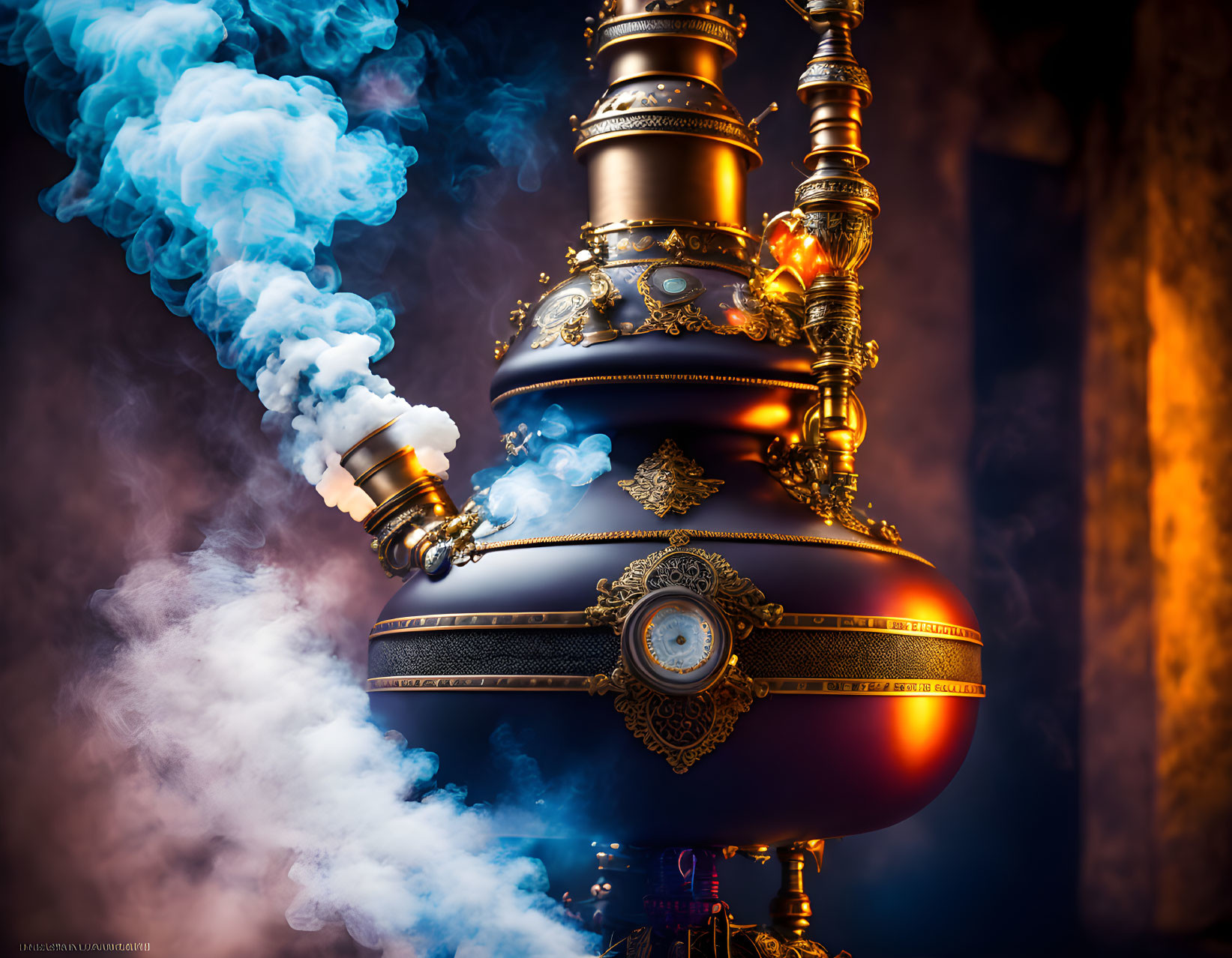 Steampunk apparatus with smoke, gold accents, clock, blue and burgundy body