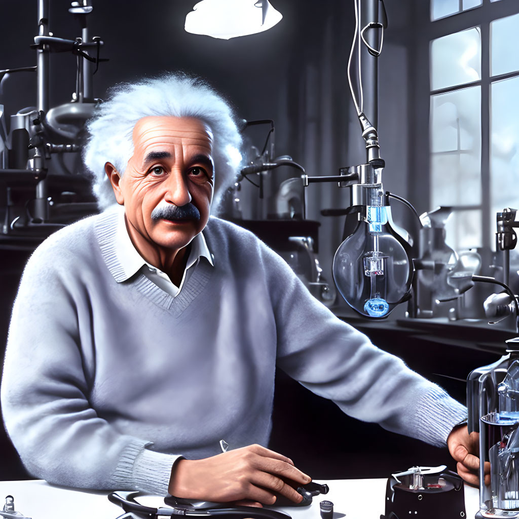 Elderly man in sweater at lab bench with scientific equipment