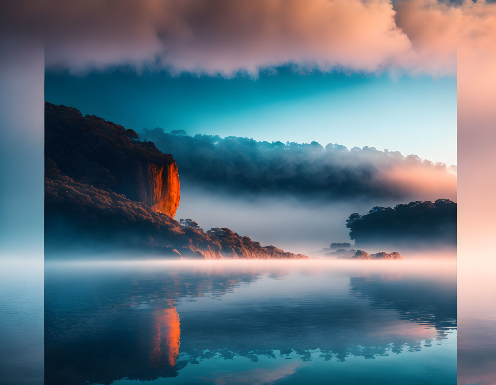 Tranquil dawn landscape with misty lake, lush forest, and vibrant sky