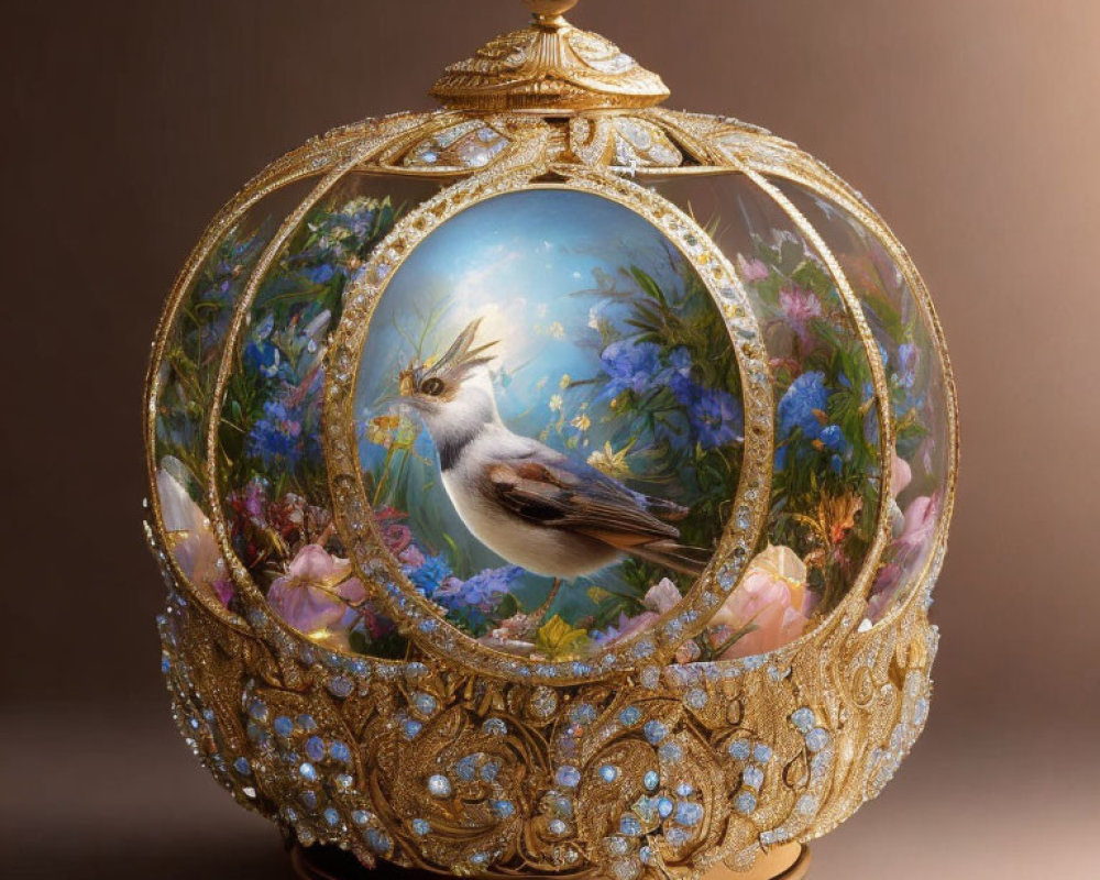 Golden Egg with Jeweled Details and Painted Bird in Clear Window