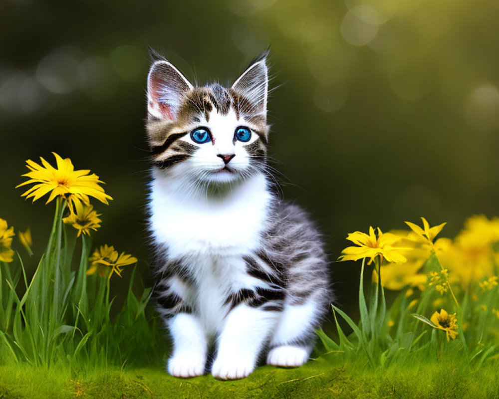 Striped Kitten with Blue Eyes in Green Grass