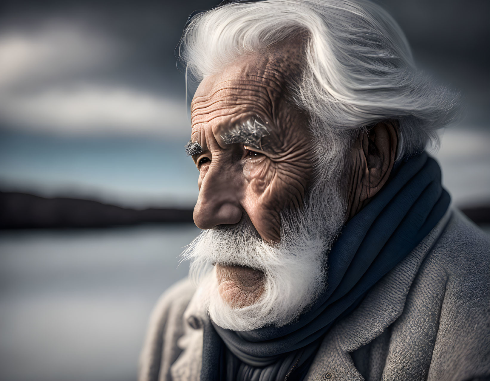Elderly man with white beard and coat under cloudy sky