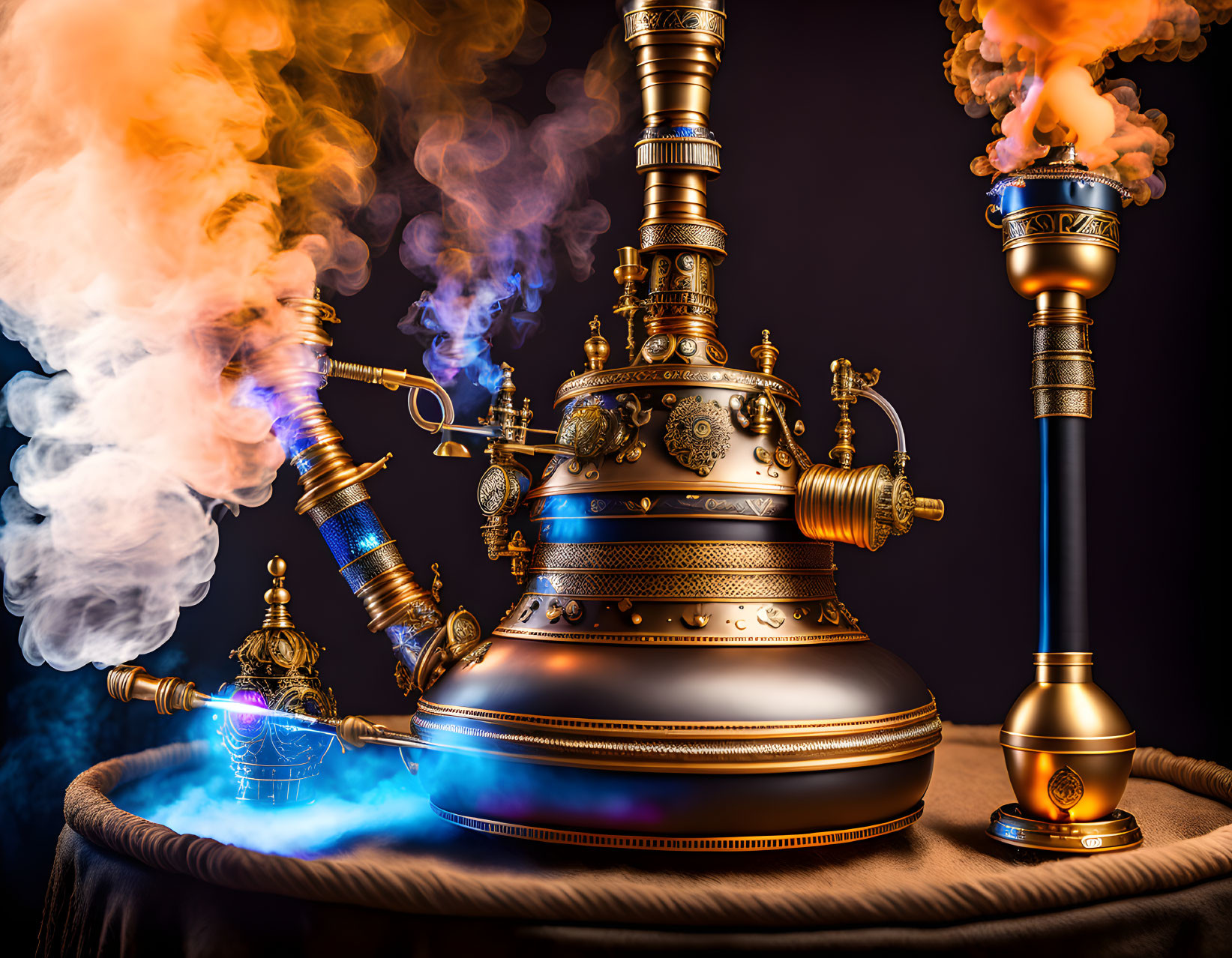 Traditional Hookah with Smoke on Dark Background and Colored Lighting