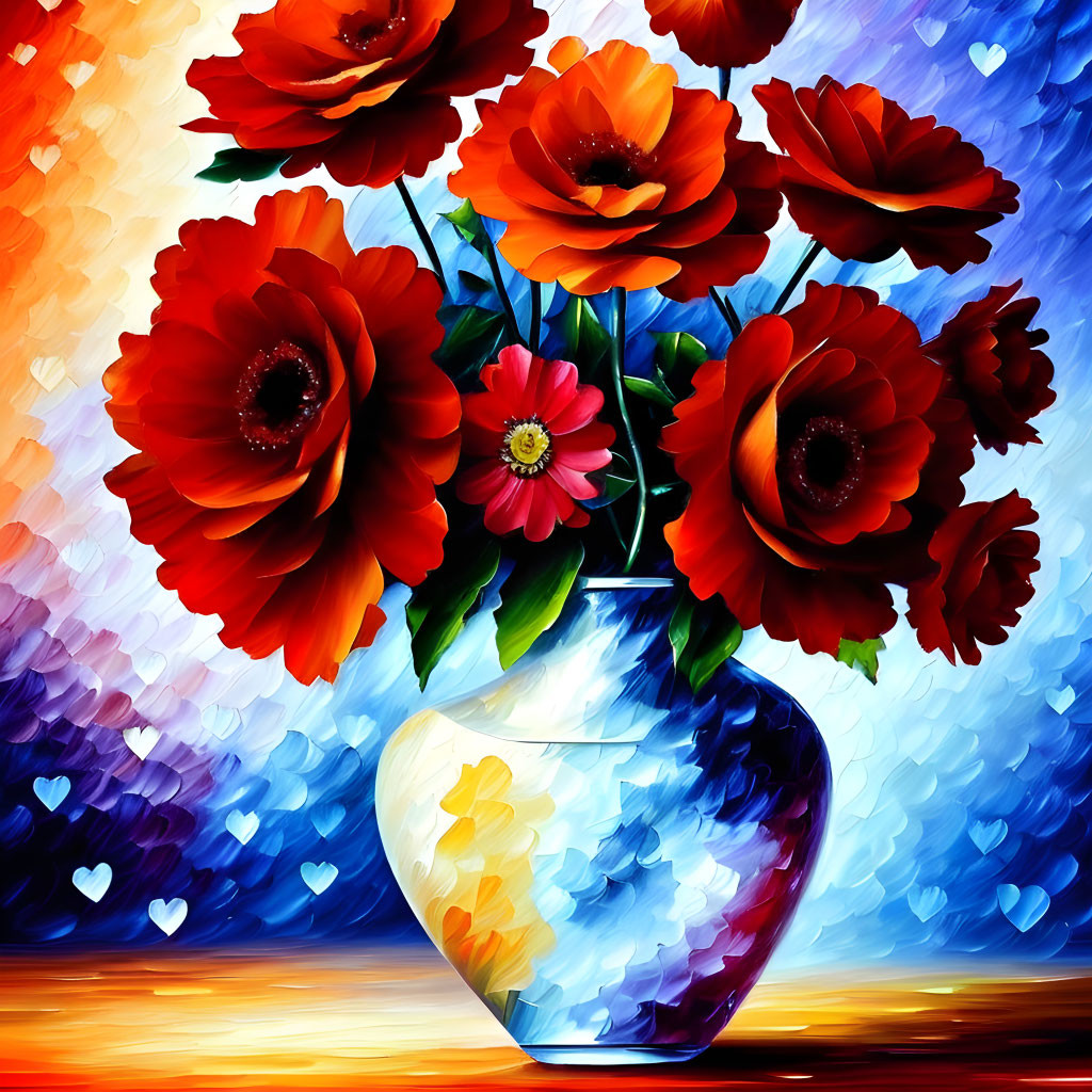 Colorful Digital Painting: Red-Orange Flowers in Blue Vase