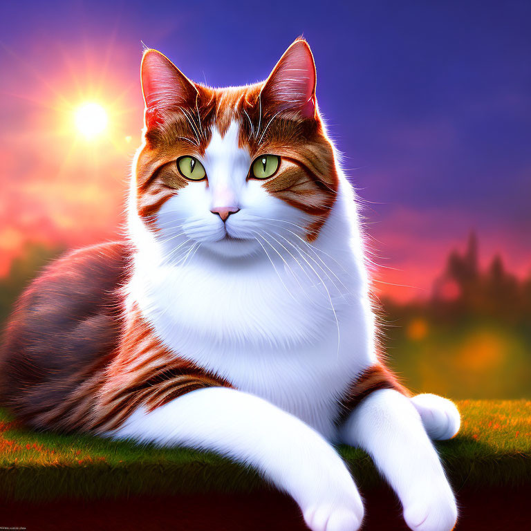 Digital Artwork: Orange and White Cat with Green Eyes in Sunset Landscape