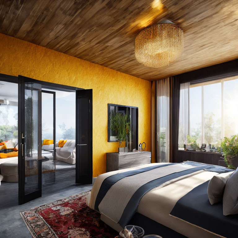 Spacious modern bedroom with wooden ceiling, yellow walls, large windows, crystal chandelier, elegant bedding