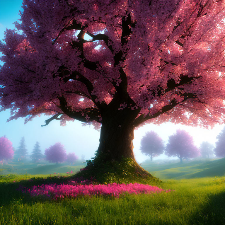 Vibrant pink cherry blossom tree in full bloom among lush green field
