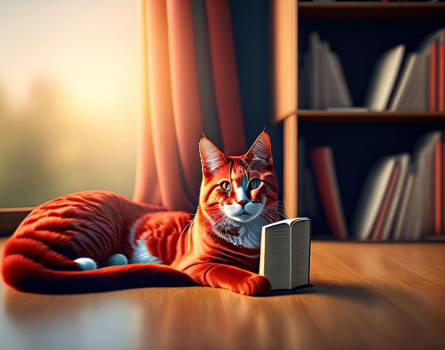 Orange Tabby Cat Resting Near Open Book in Sunlit Room