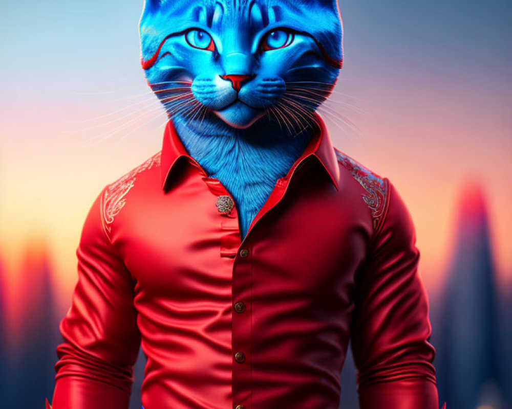 Anthropomorphic Blue Cat in Red Shirt Against Dusk Cityscape