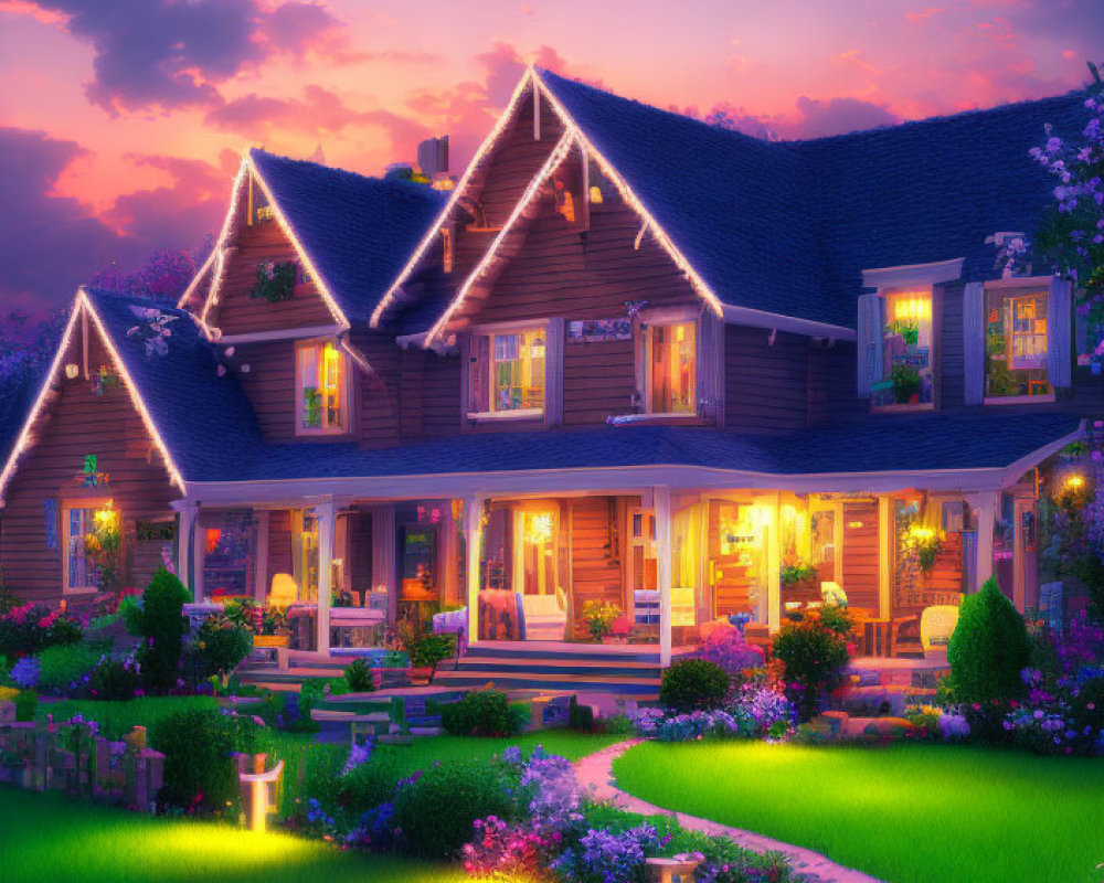 Twilight scene of illuminated cottage in garden