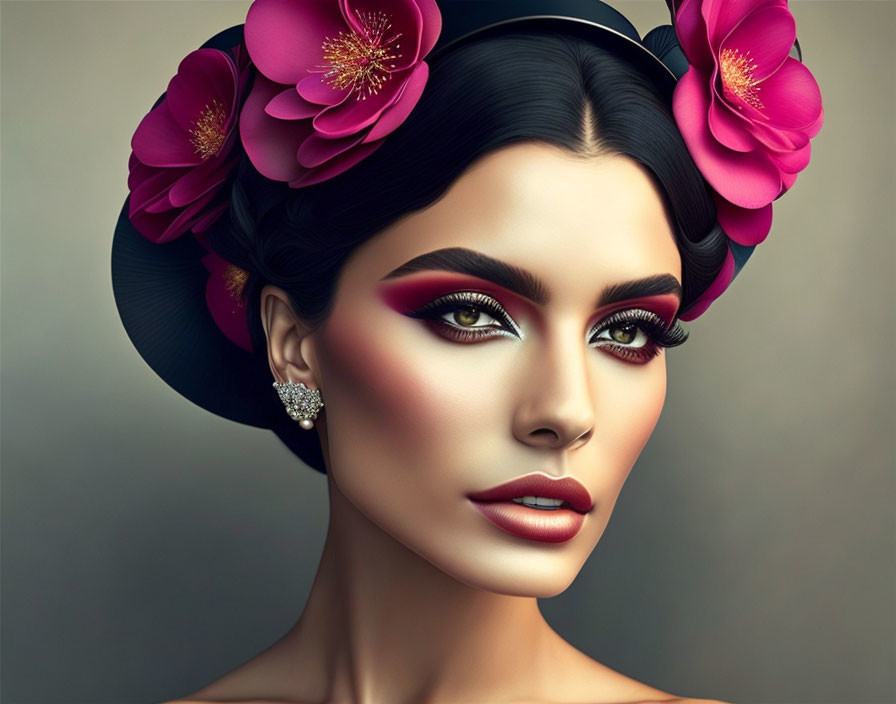 Woman with Striking Makeup and Pink Flowers Adorned with Hat