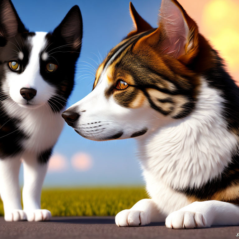 Realistic 3D-rendered dogs in black, white, and brown against sunny sky
