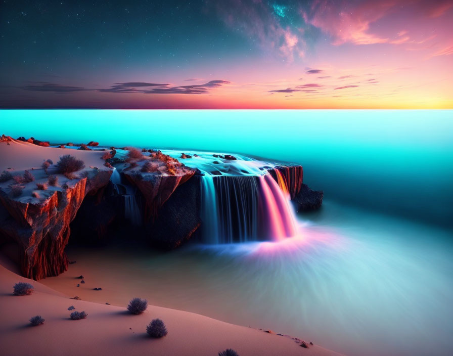 Surreal landscape: waterfall, sandy cliff, turquoise sea, twilight sky