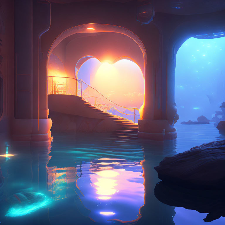 Sunset-lit underwater cave with staircase and bioluminescent organisms