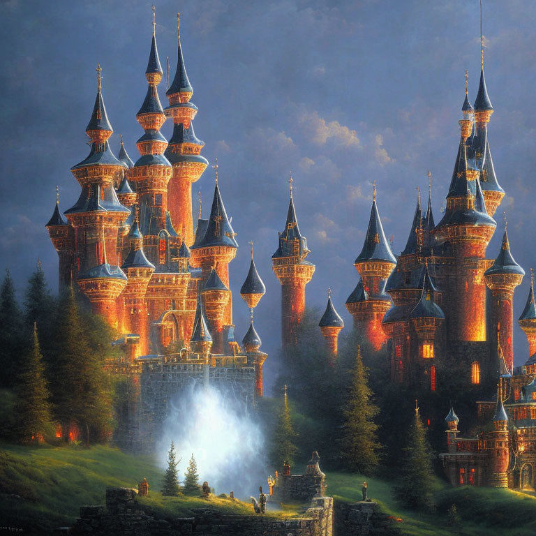 Majestic castle with multiple spires in warm twilight setting