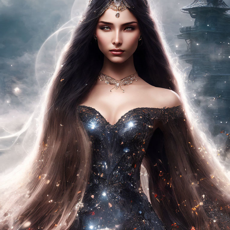 Fantasy digital artwork of woman in dark dress with glowing embers