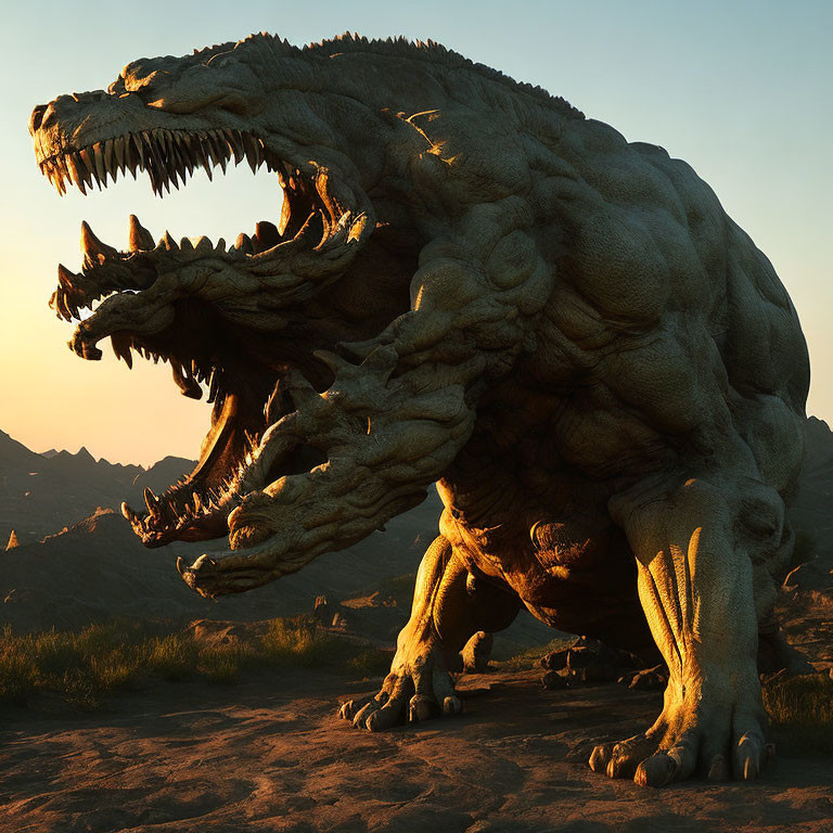 Two-Headed Monster with Sharp Teeth in Desert Landscape at Dusk