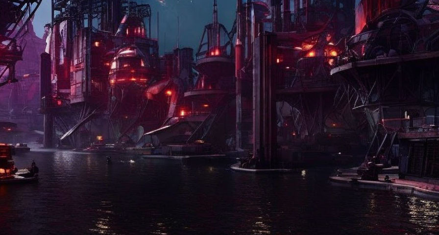 Dystopian industrial cityscape at dusk with crimson lighting