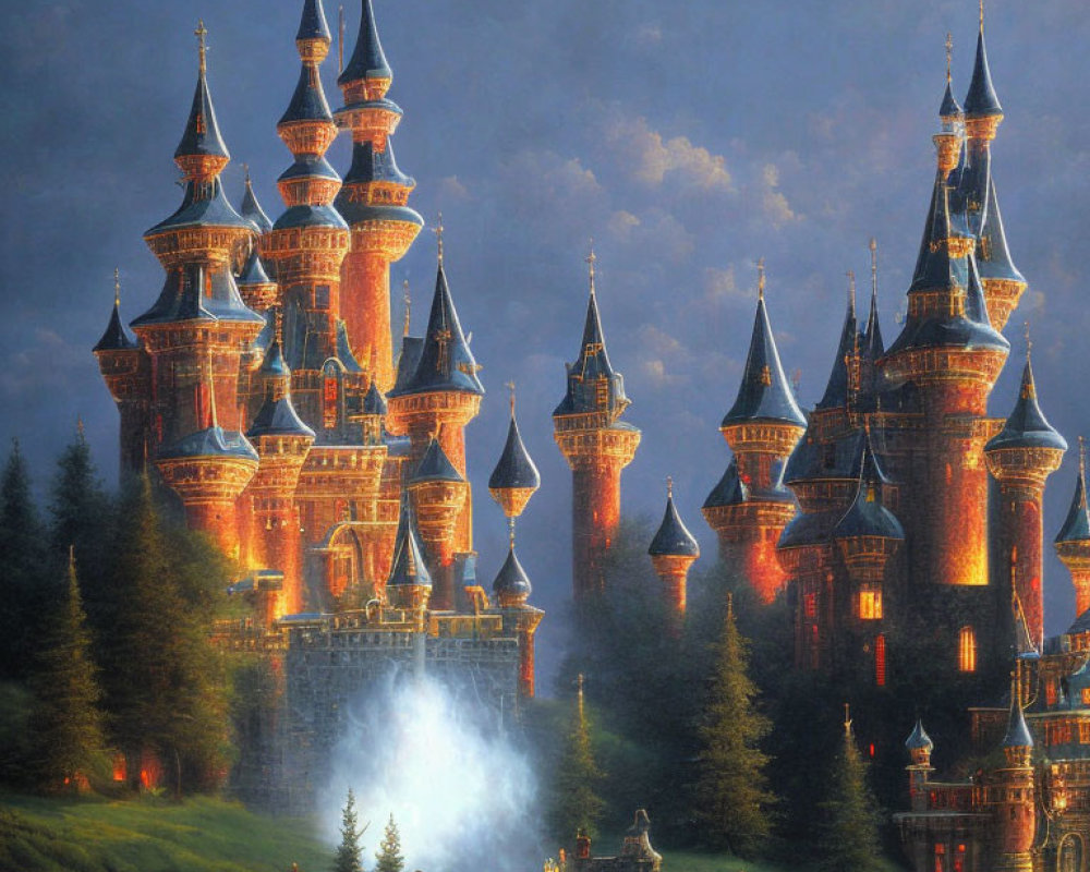 Majestic castle with multiple spires in warm twilight setting