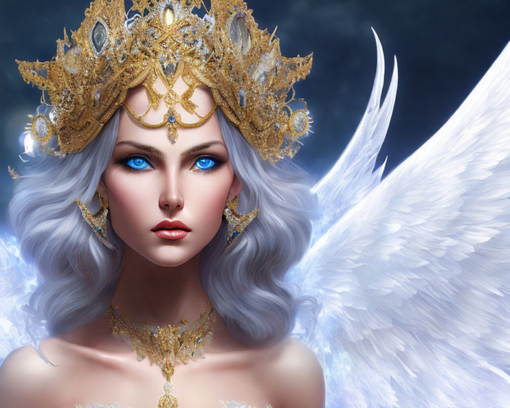 Woman with blue eyes, white hair, golden headdress, jewelry, and feathered wings.