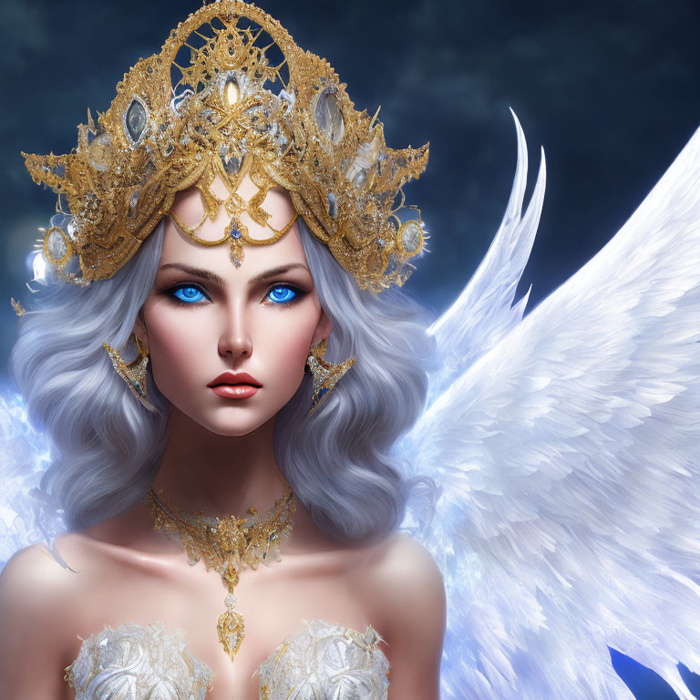 Woman with blue eyes, white hair, golden headdress, jewelry, and feathered wings.