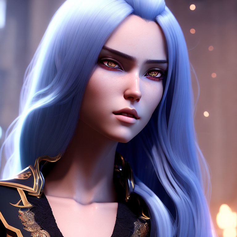 Digital artwork: Female character with amber eyes, pale blue hair, black outfit, golden details