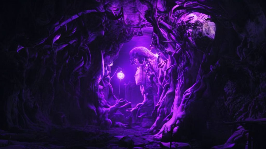Mystical purple-lit cave with glowing orb and archway