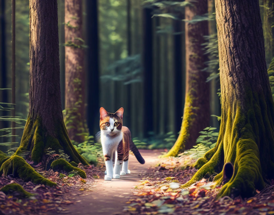 Tabby Cat in Forest Path Surrounded by Tall Trees
