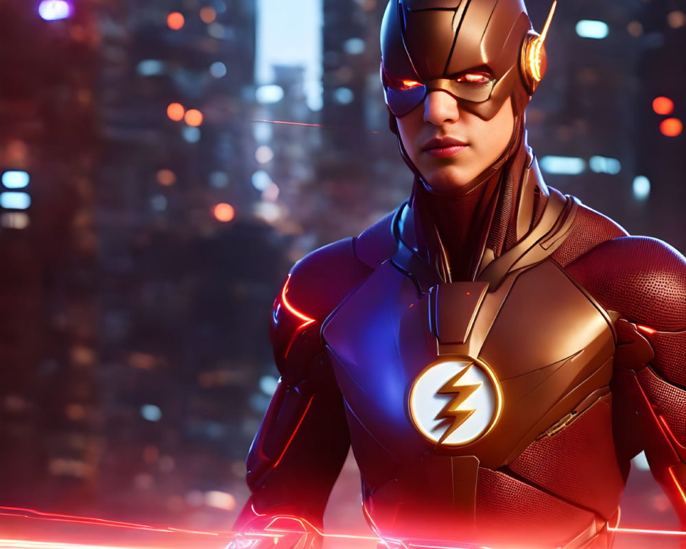 Detailed Flash Superhero Costume with Glowing Lightning Symbol in City Nightscape