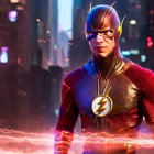 Detailed Flash Superhero Costume with Glowing Lightning Symbol in City Nightscape