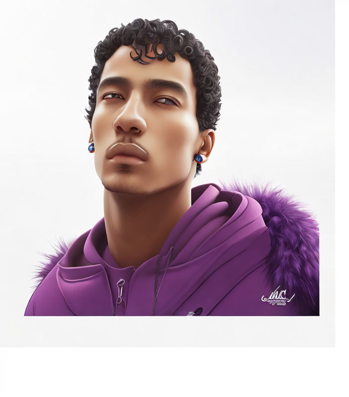 Person with Curly Hair in Purple Jacket with Fur Collar Illustration