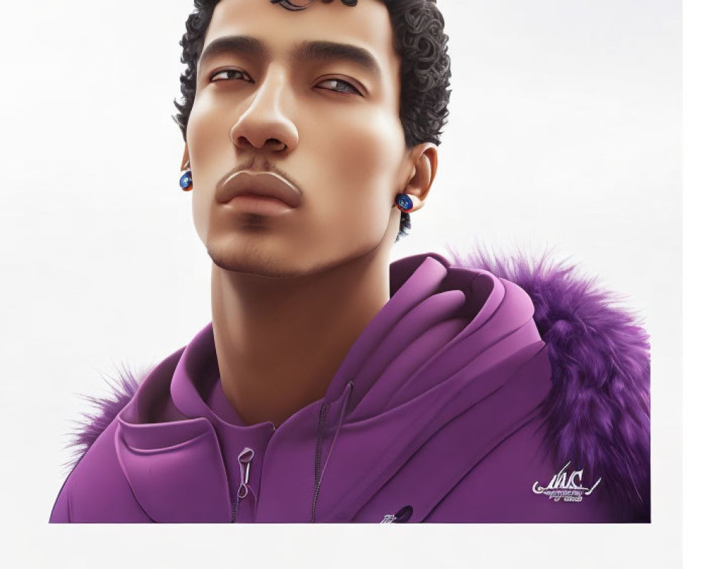 Person with Curly Hair in Purple Jacket with Fur Collar Illustration