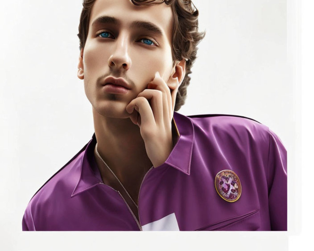 Male figure with blue eyes and curly hair in purple shirt with badge