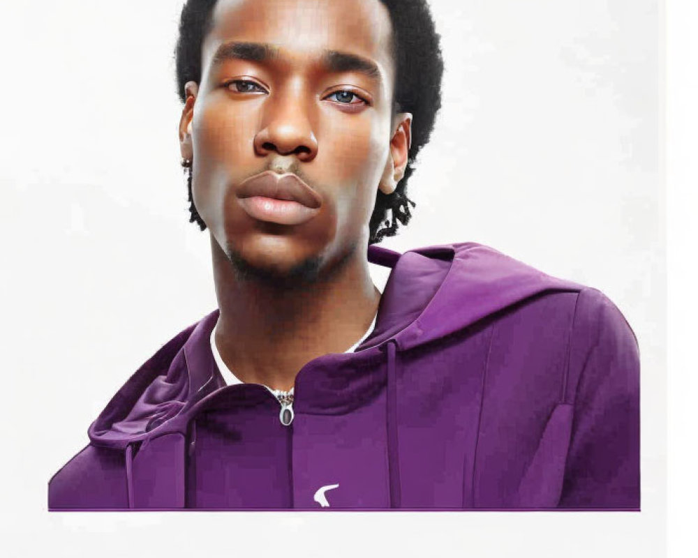 Young man with short dreadlocks in purple hoodie on white background