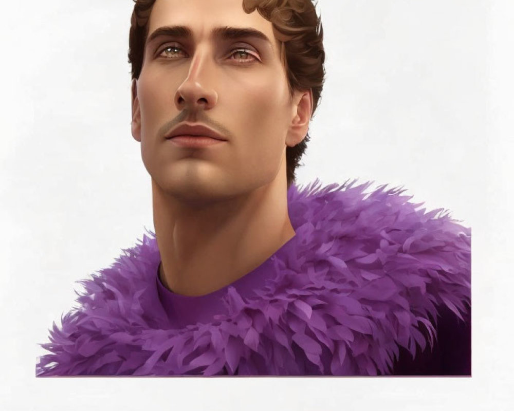 Man with Wavy Brown Hair in Purple Feathered Garment