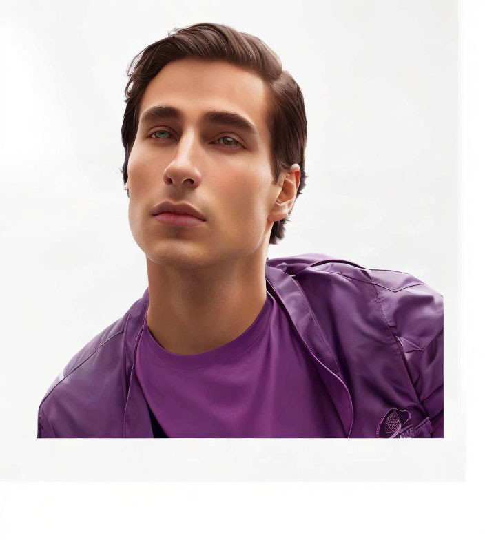 Man with Slicked-Back Hair in Purple Jacket on Light Background