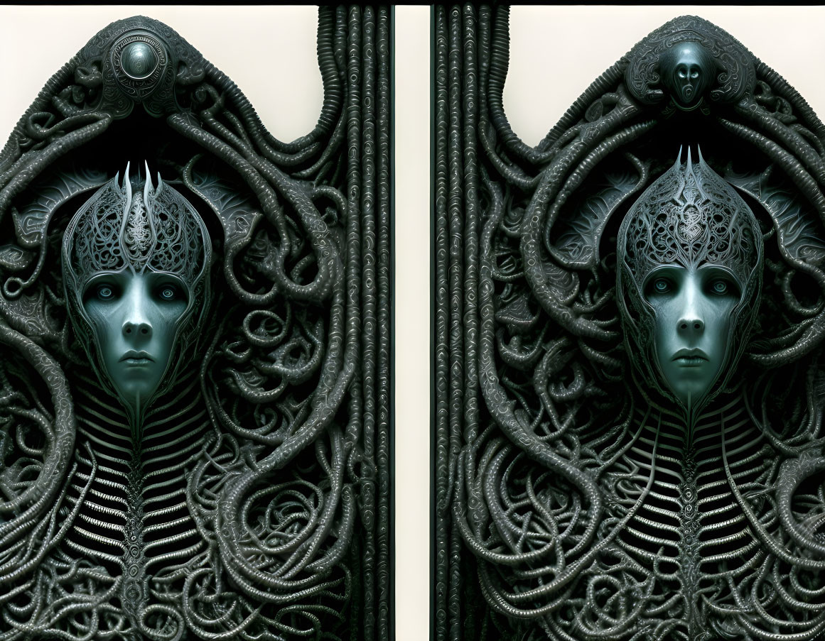 Symmetrical image of ornate dark figures with blue eyes and swirling patterns