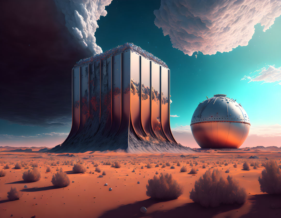 Futuristic landscape with mirrored skyscraper and alien sky
