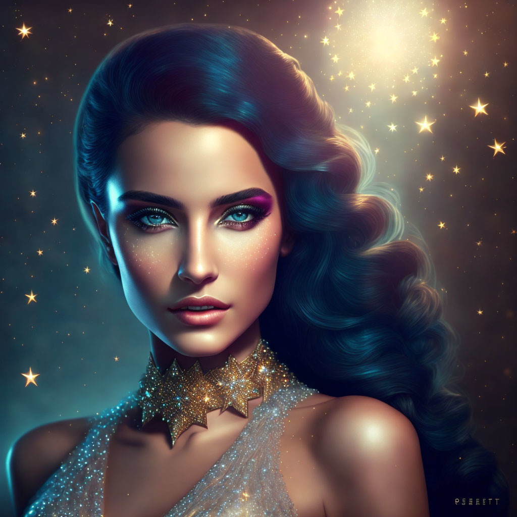 Blue-haired woman portrait with sparkling makeup and star necklace on starry night background